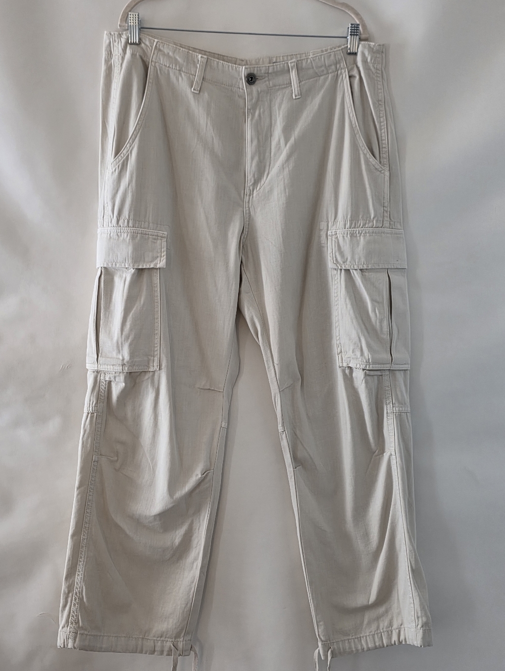 Zara Relaxed Cargo Pants Size 14 Cotton Drawstring Hem Beige Utility Jeans